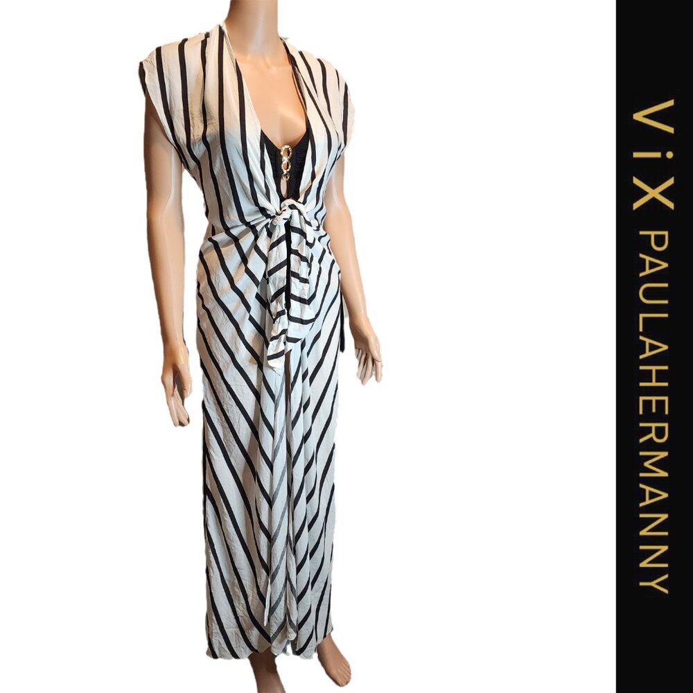Vix Black and White Striped Tie-Front Swim Coverup